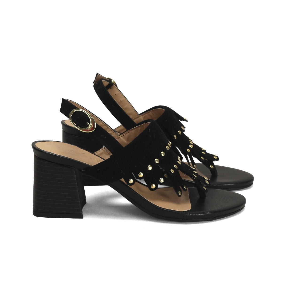 Sandália Boho Preta Camurça Salto 7cm