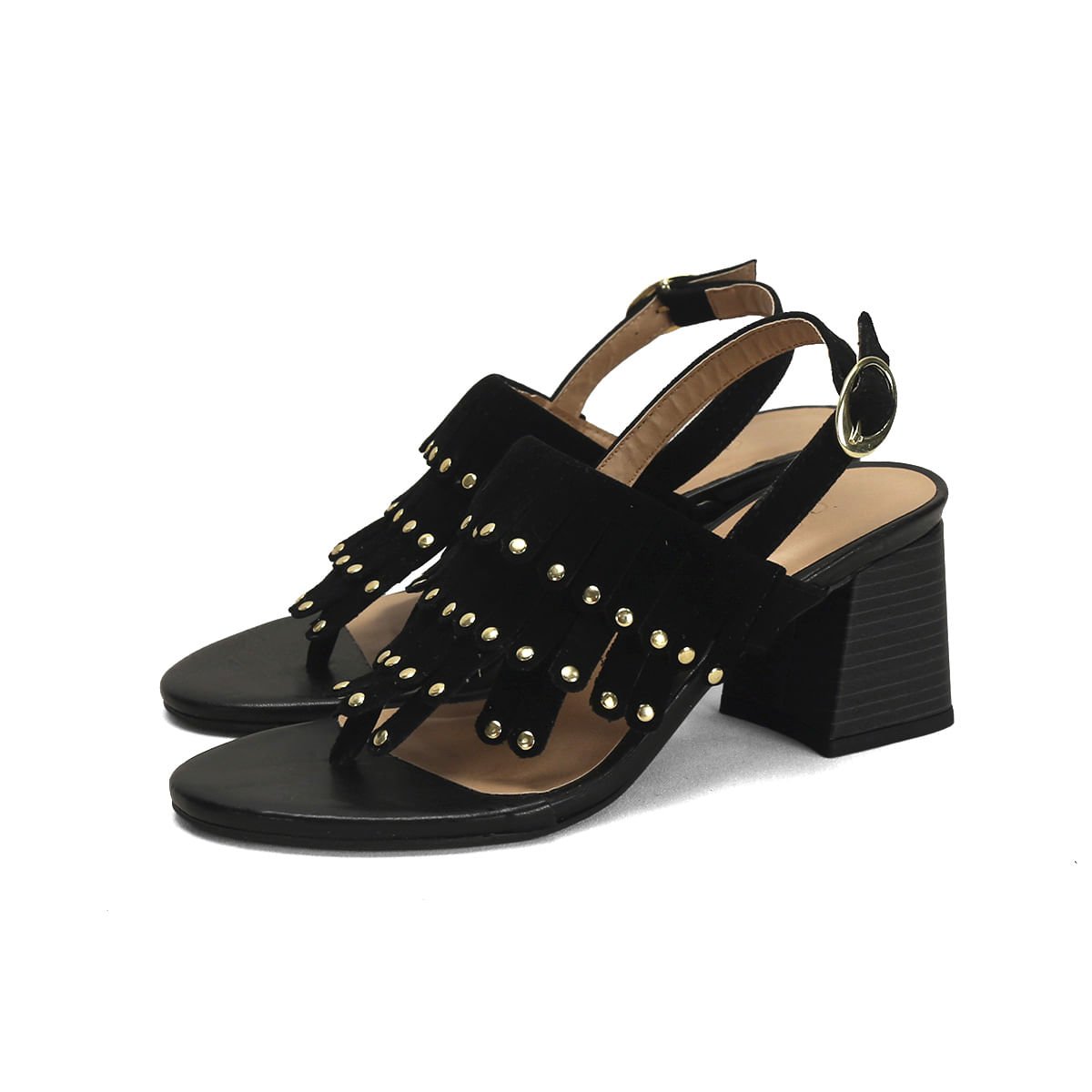 Sandália Boho Preta Camurça Salto 7cm Preto 2