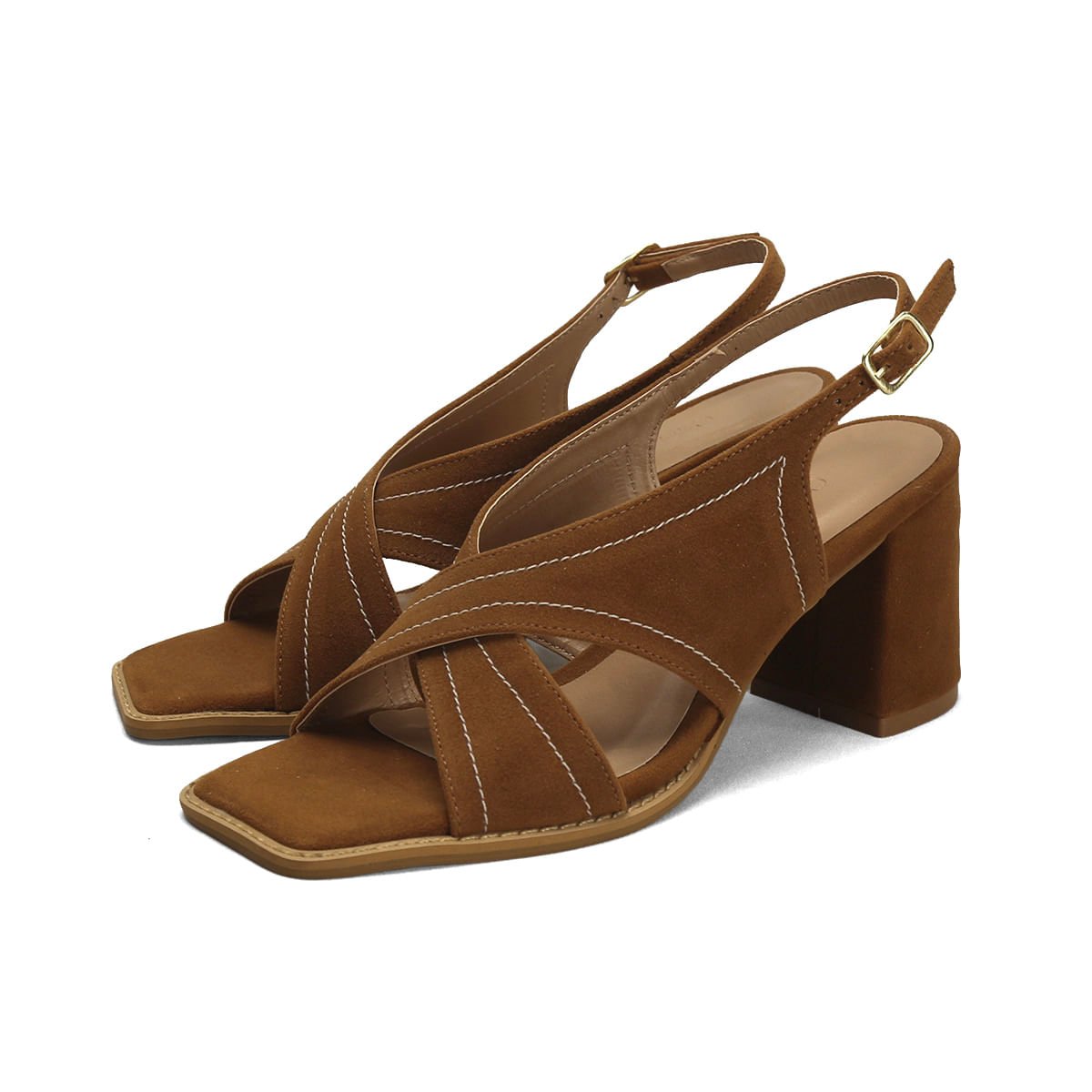 Sandália Frente Quadrada Camurça Caramelo 7,5cm Marrom 2