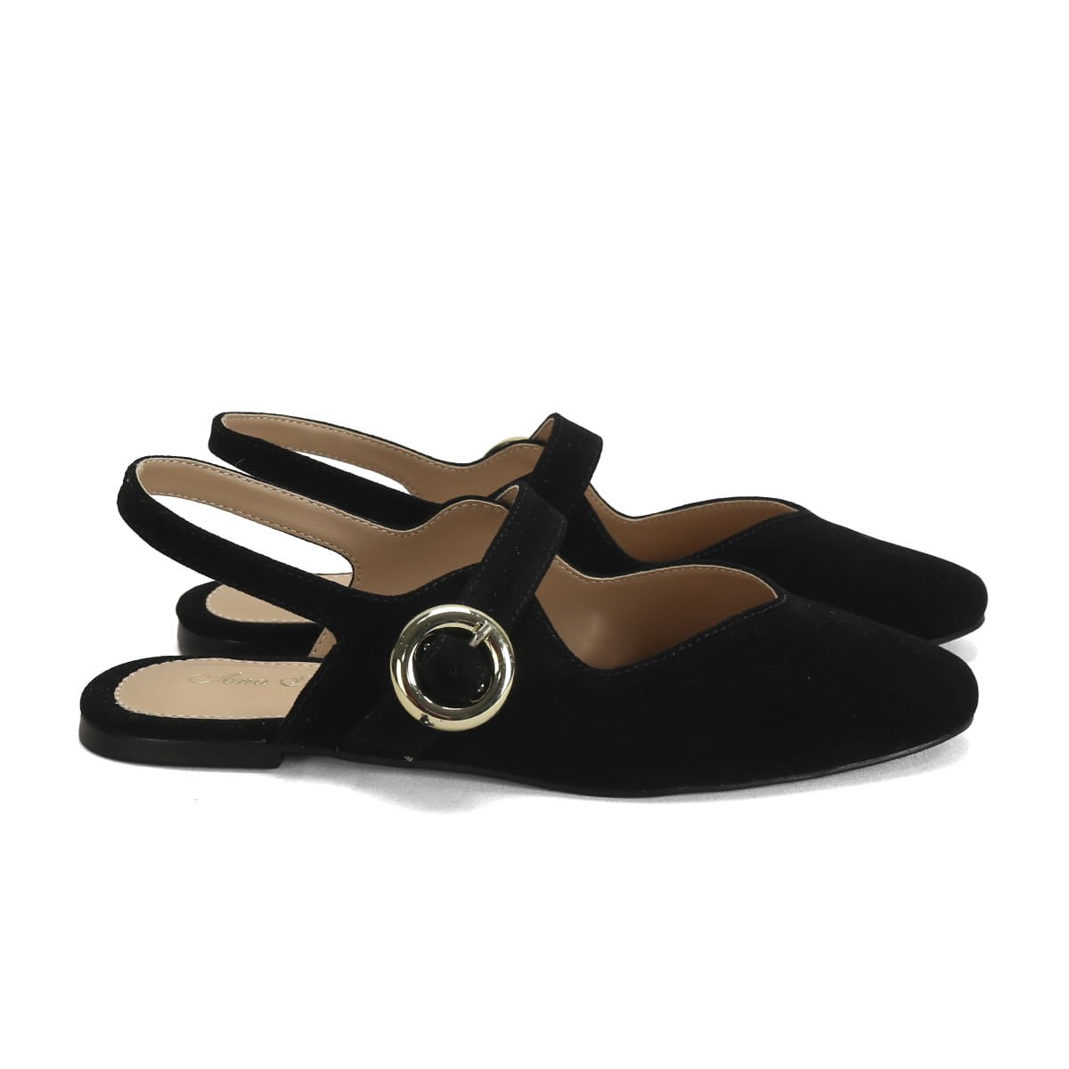 Sapatilha Slingback Camurça Preta Salto 1cm