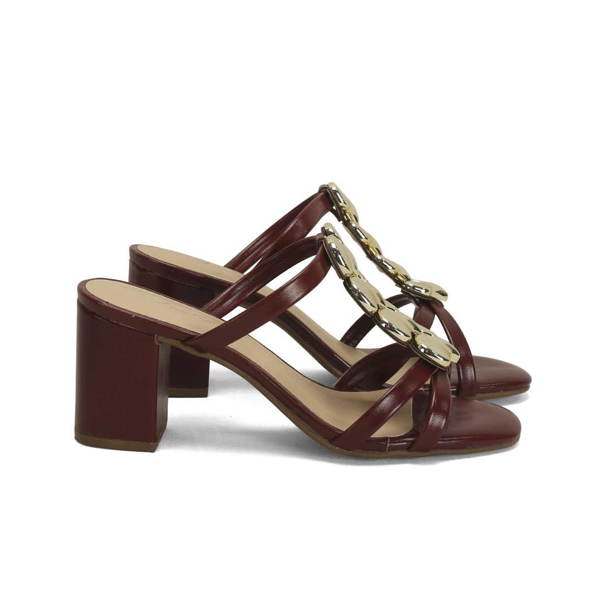 Sandália Salto Bloco Corações Marsala Napa 7,5cm