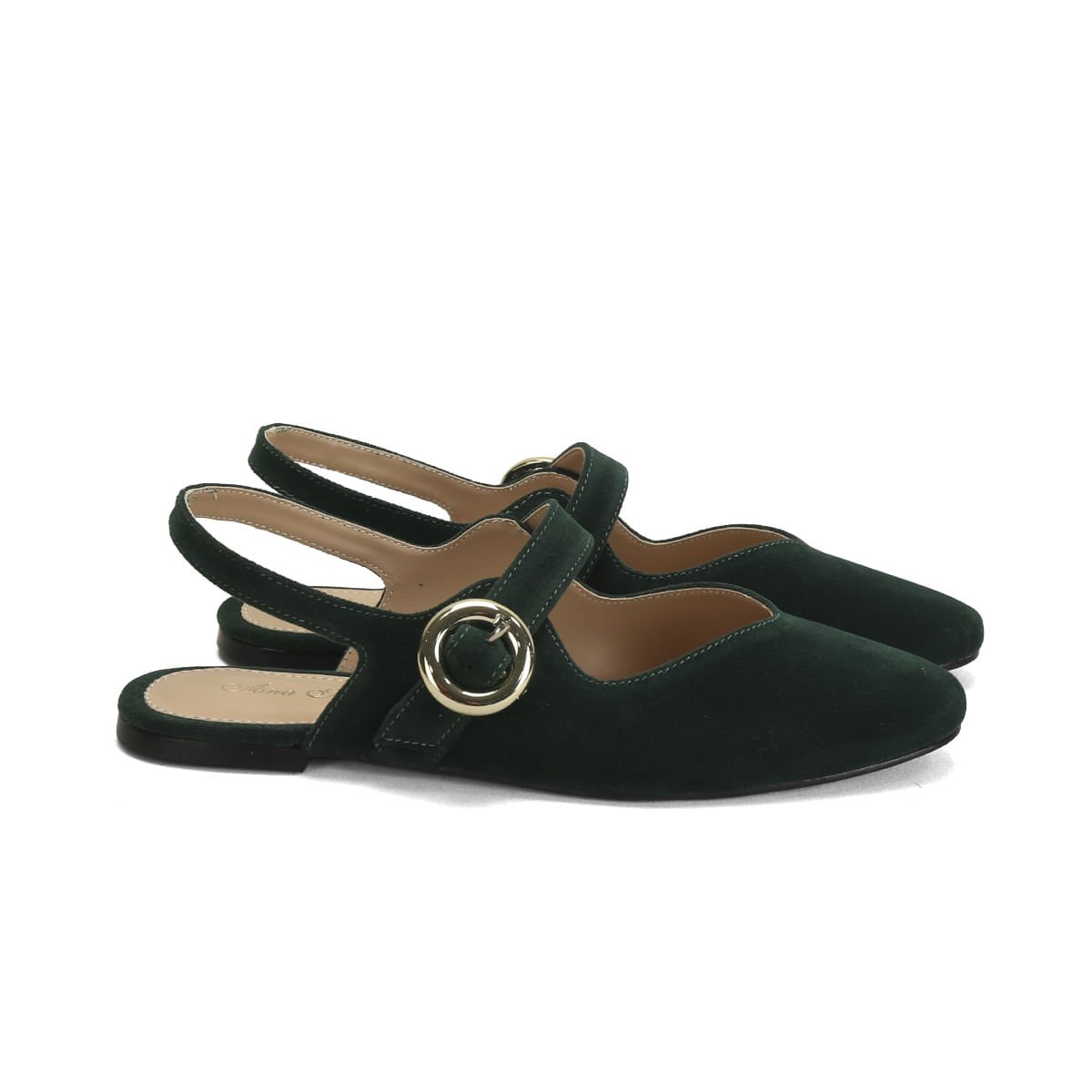 Sapatilha Slingback Camurça Verde Fivela Dourada