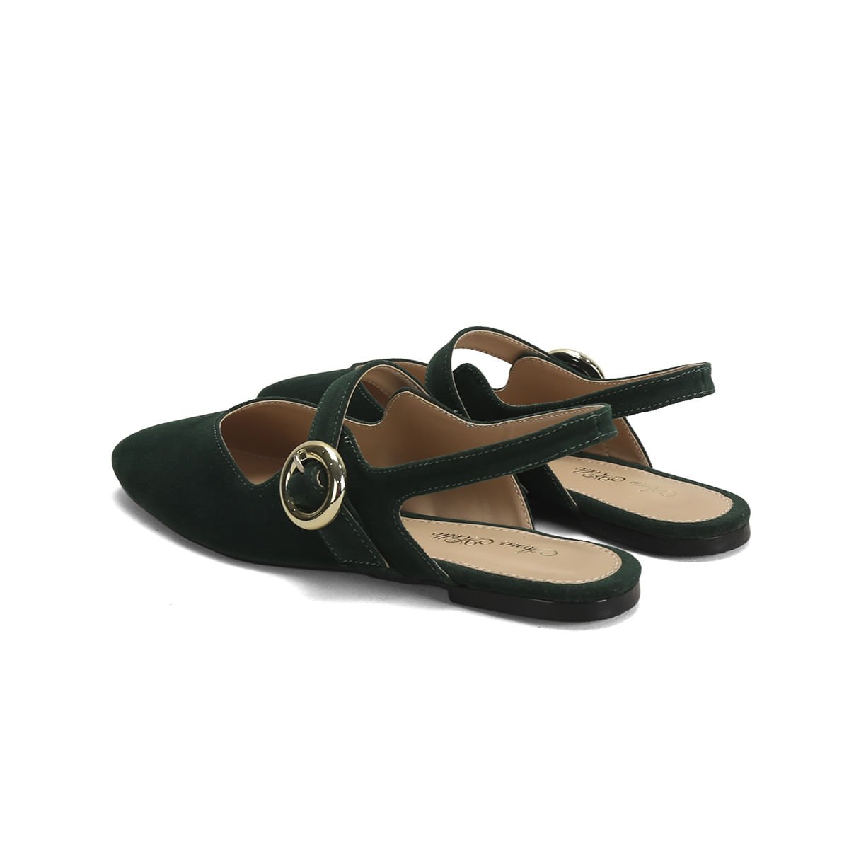 Sapatilha Slingback Camurça Verde Fivela Dourada Verde 3