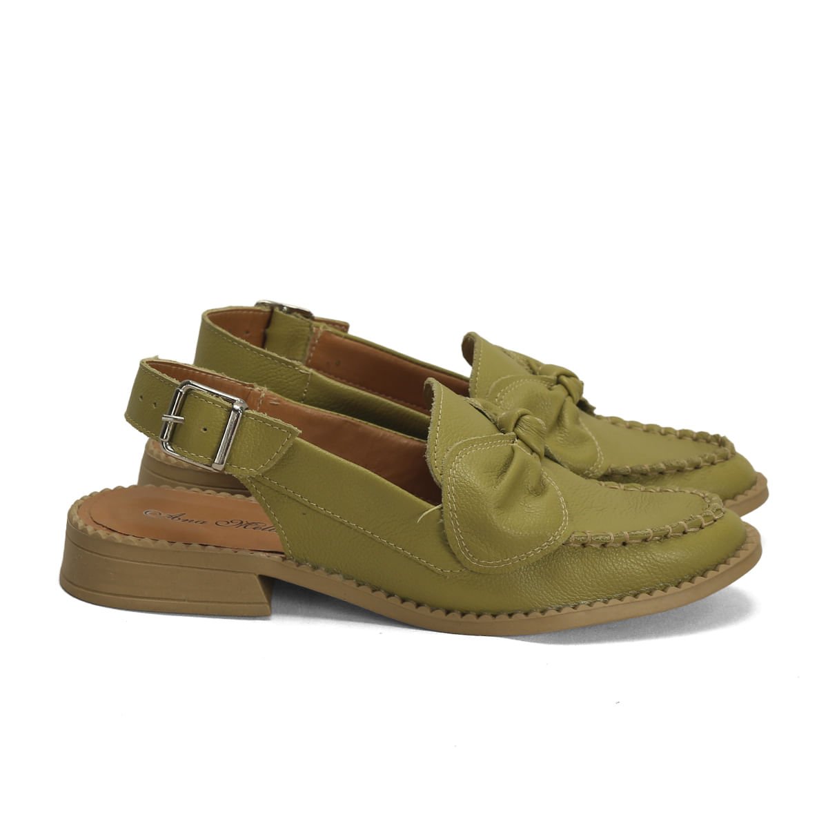 Mocassim Slingback Couro Fly Verde Laço