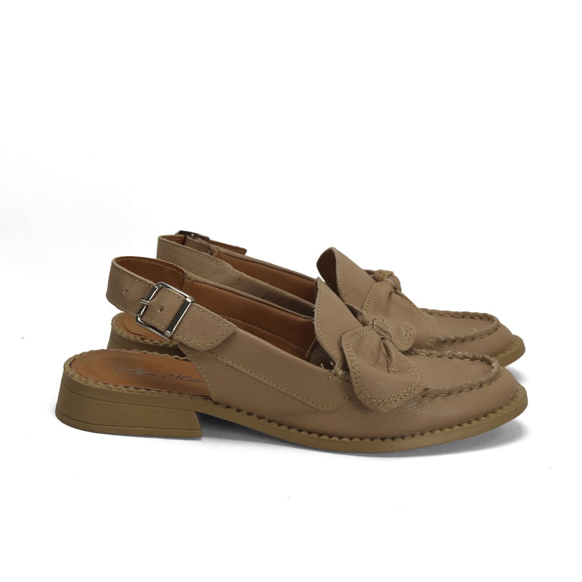 Mocassim Slingback Couro Fly Nude com Laço