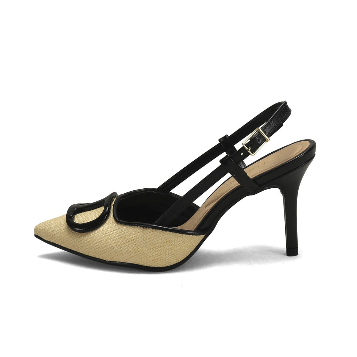Scarpin Slingback Palha Preto 9,5cm Bege 4
