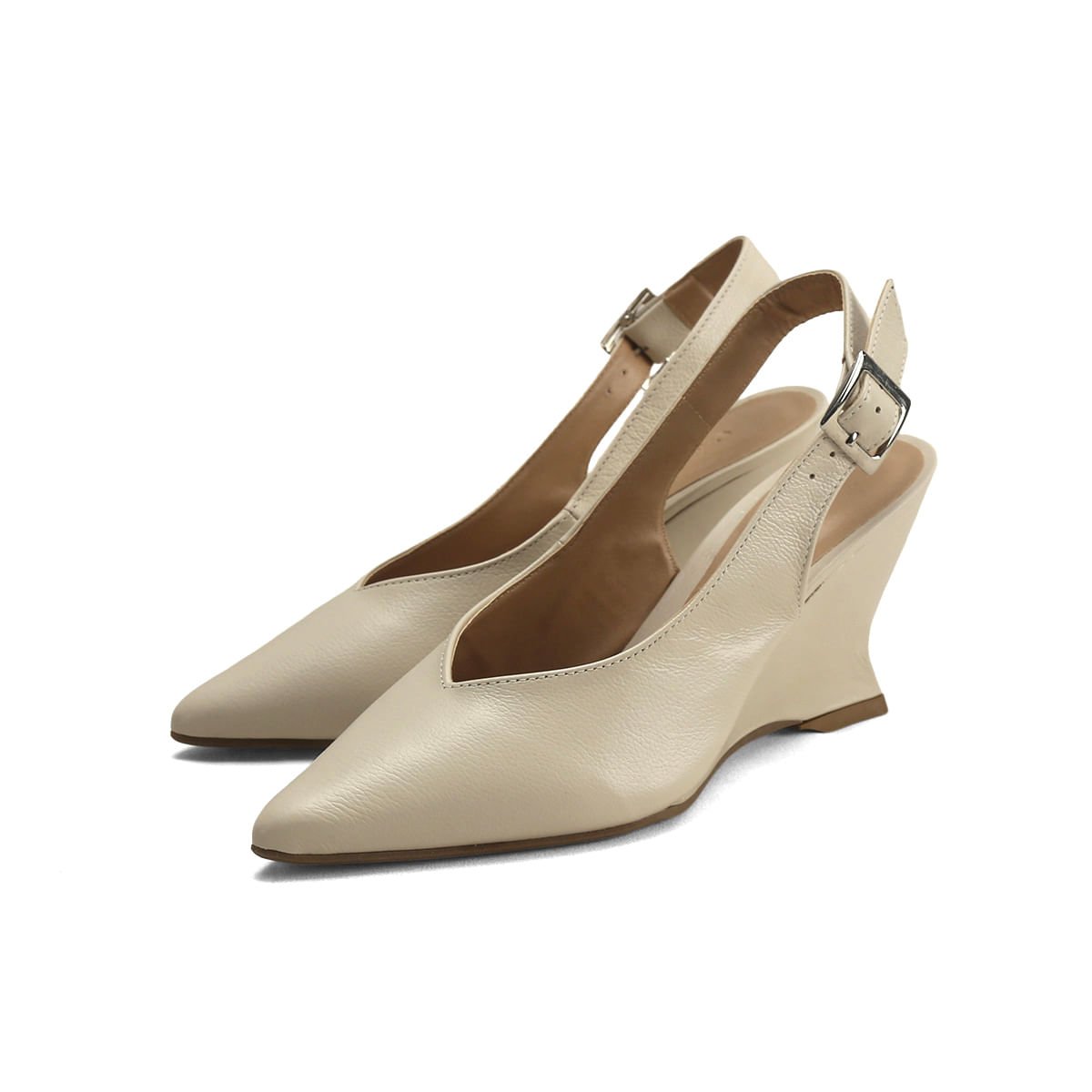 Scarpin Anabela de Couro Calcanhar Aberto Ana Mello Bege 2