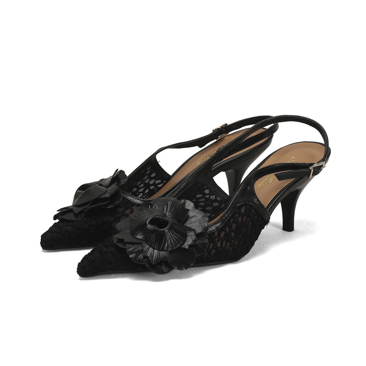 Scarpin Slingback Crochê Flor Preto 7cm Preto 2
