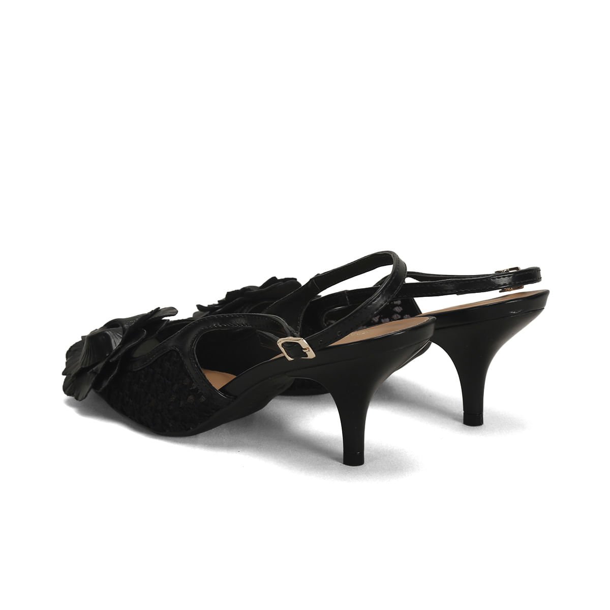 Scarpin Slingback Crochê Flor Preto 7cm Preto 3