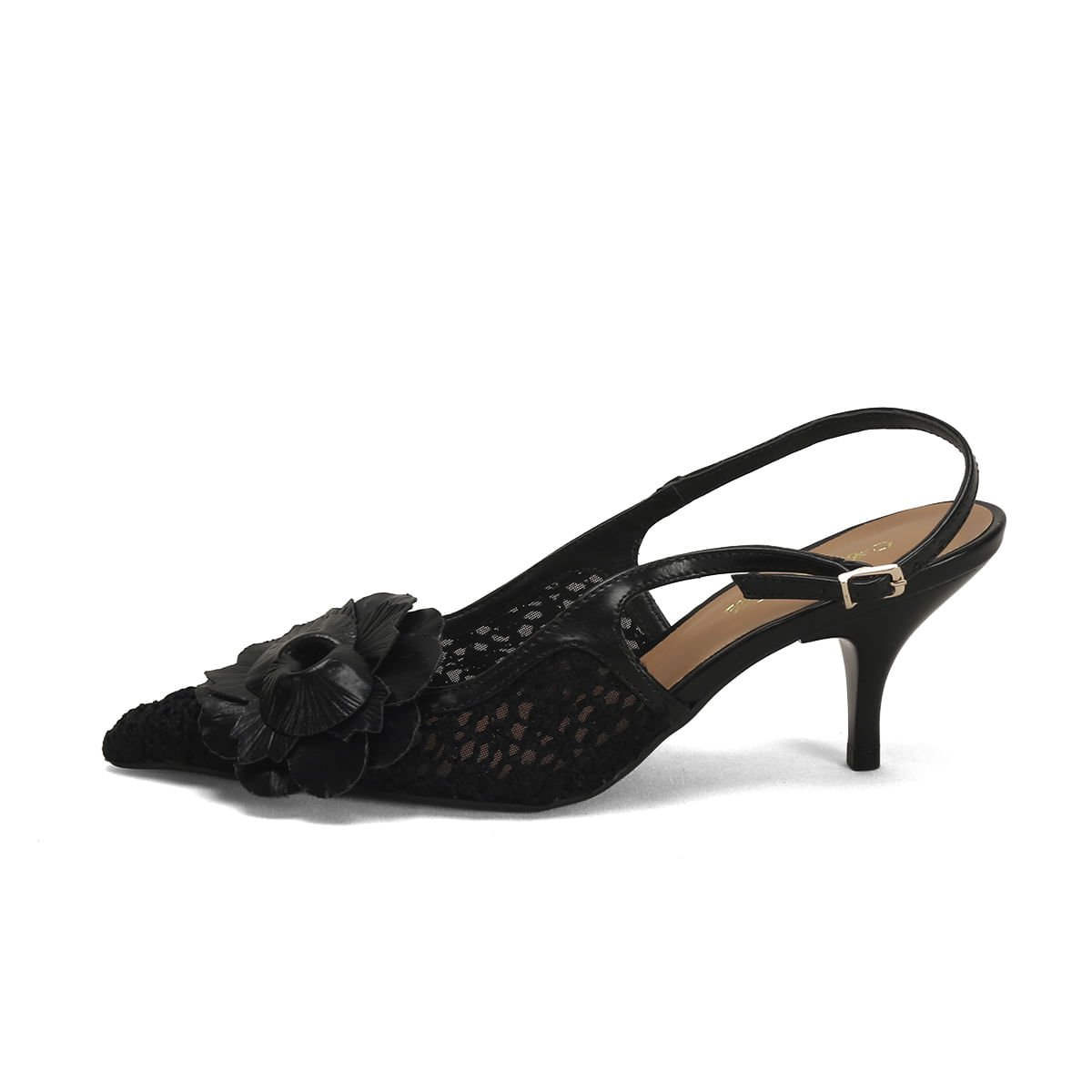 Scarpin Slingback Crochê Flor Preto 7cm Preto 4