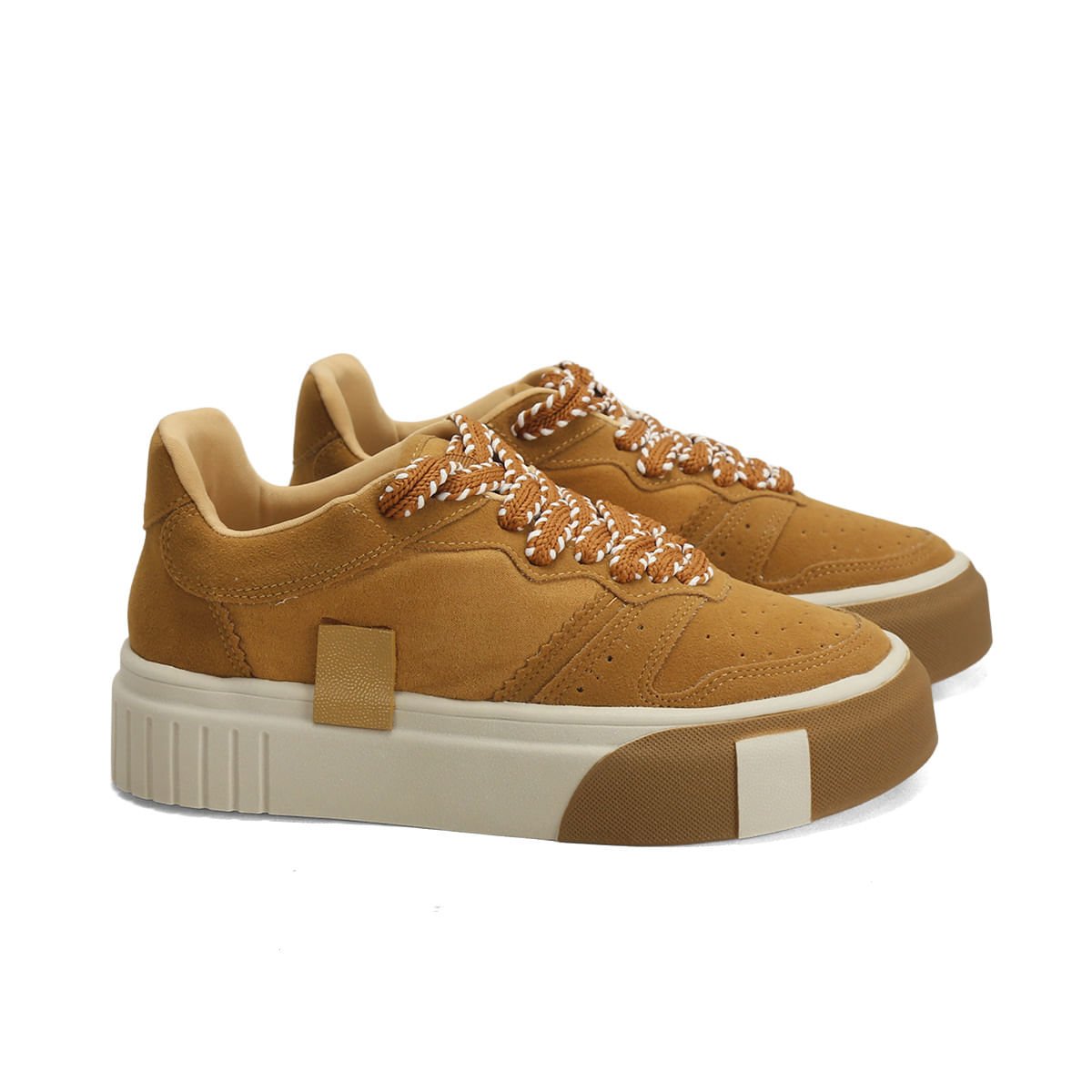 Tênis Camurça Caramelo Cadarço Pesponto 4cm