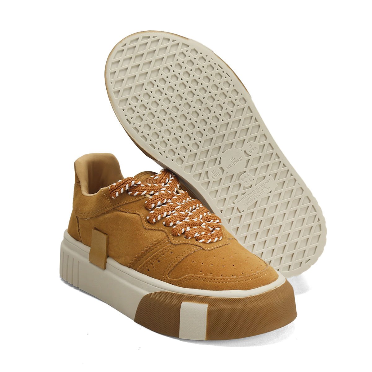 Tênis Camurça Caramelo Cadarço Pesponto 4cm Bege 2