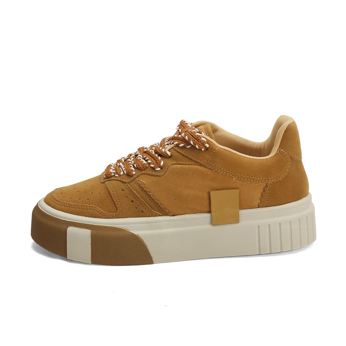 Tênis Camurça Caramelo Cadarço Pesponto 4cm Bege 4