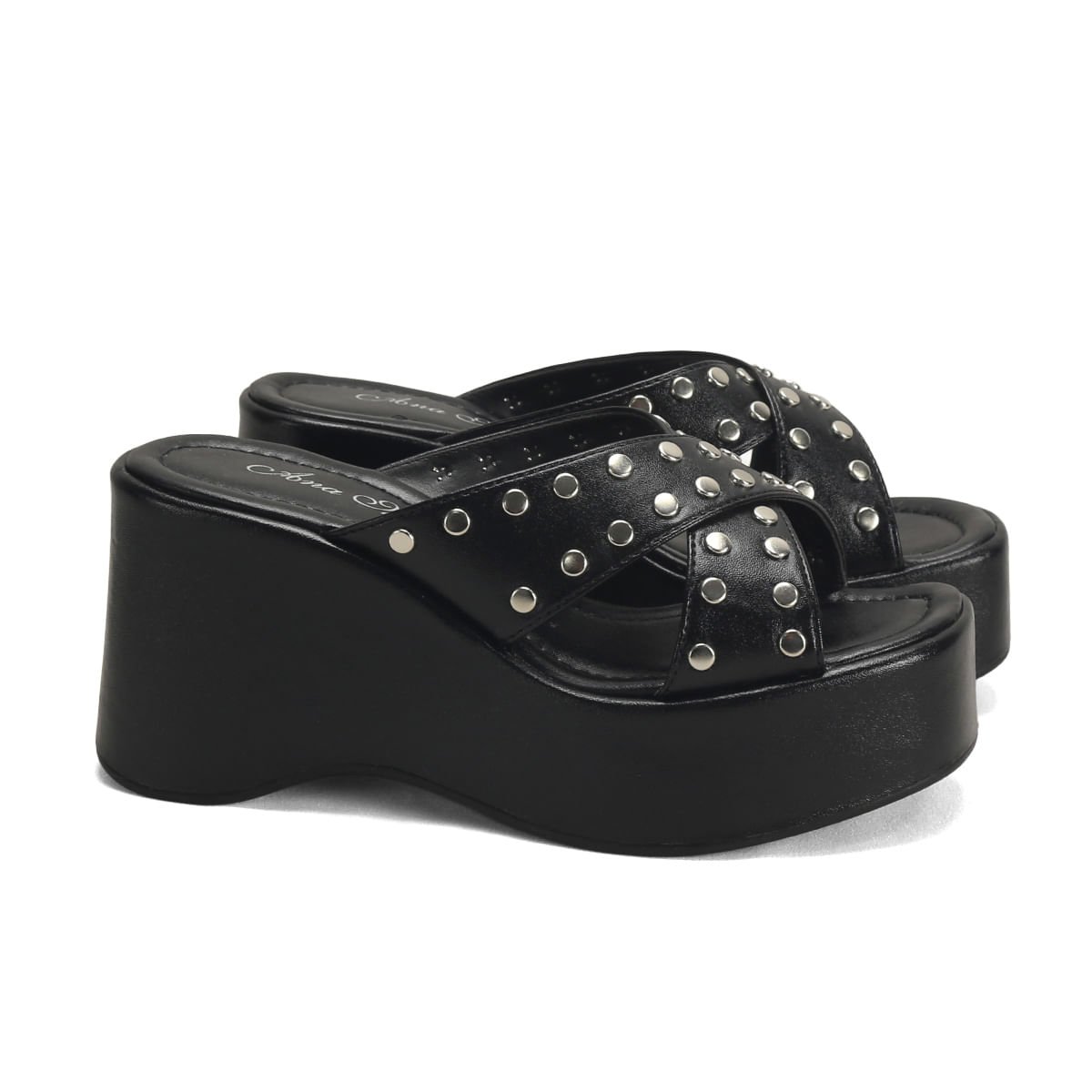 Tamanco Napa Preto Tiras Tachas Salto Plataforma 8,5cm