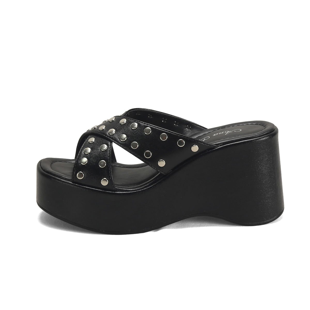 Tamanco Napa Preto Tiras Tachas Salto Plataforma 8,5cm Preto 4