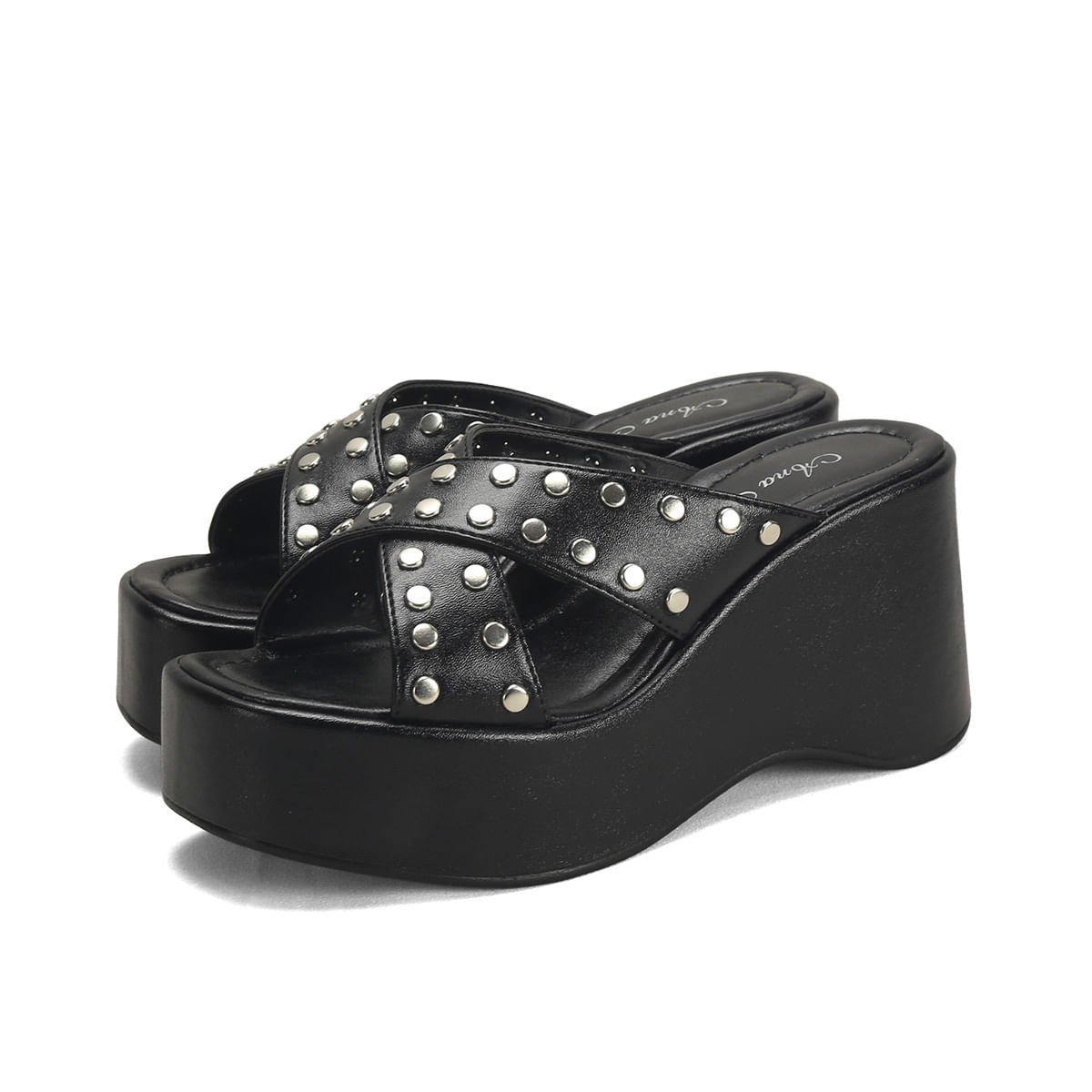 Tamanco Napa Preto Tiras Tachas Salto Plataforma 8,5cm Preto 2