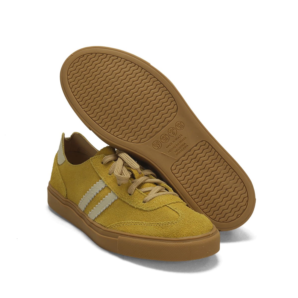Tênis camurça couro mostarda com listra off white Amarelo 2