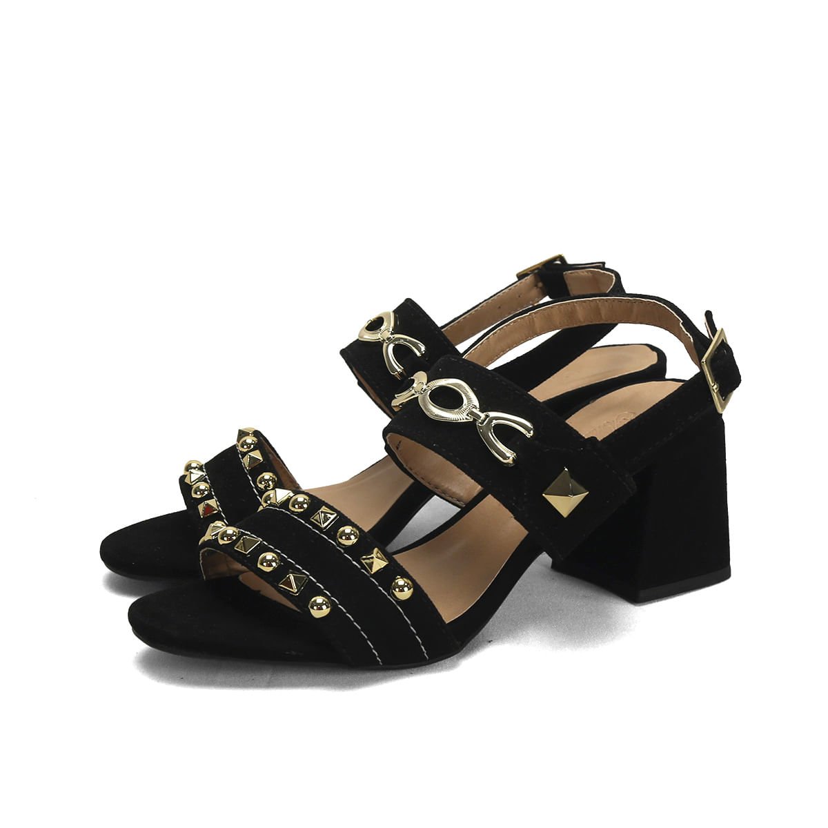 Sandália Boho Preta Metal Dourado 7cm Camurça Preto 2