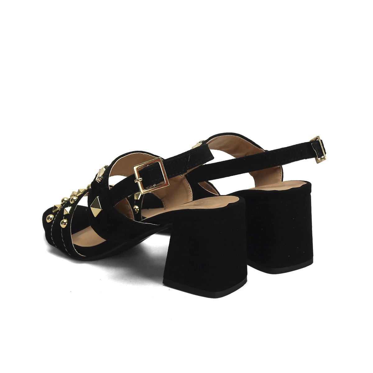 Sandália Boho Preta Metal Dourado 7cm Camurça Preto 3