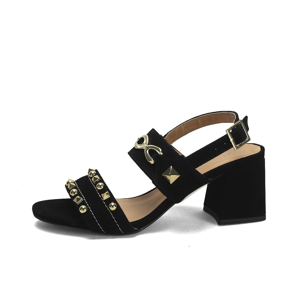 Sandália Boho Preta Metal Dourado 7cm Camurça Preto 4