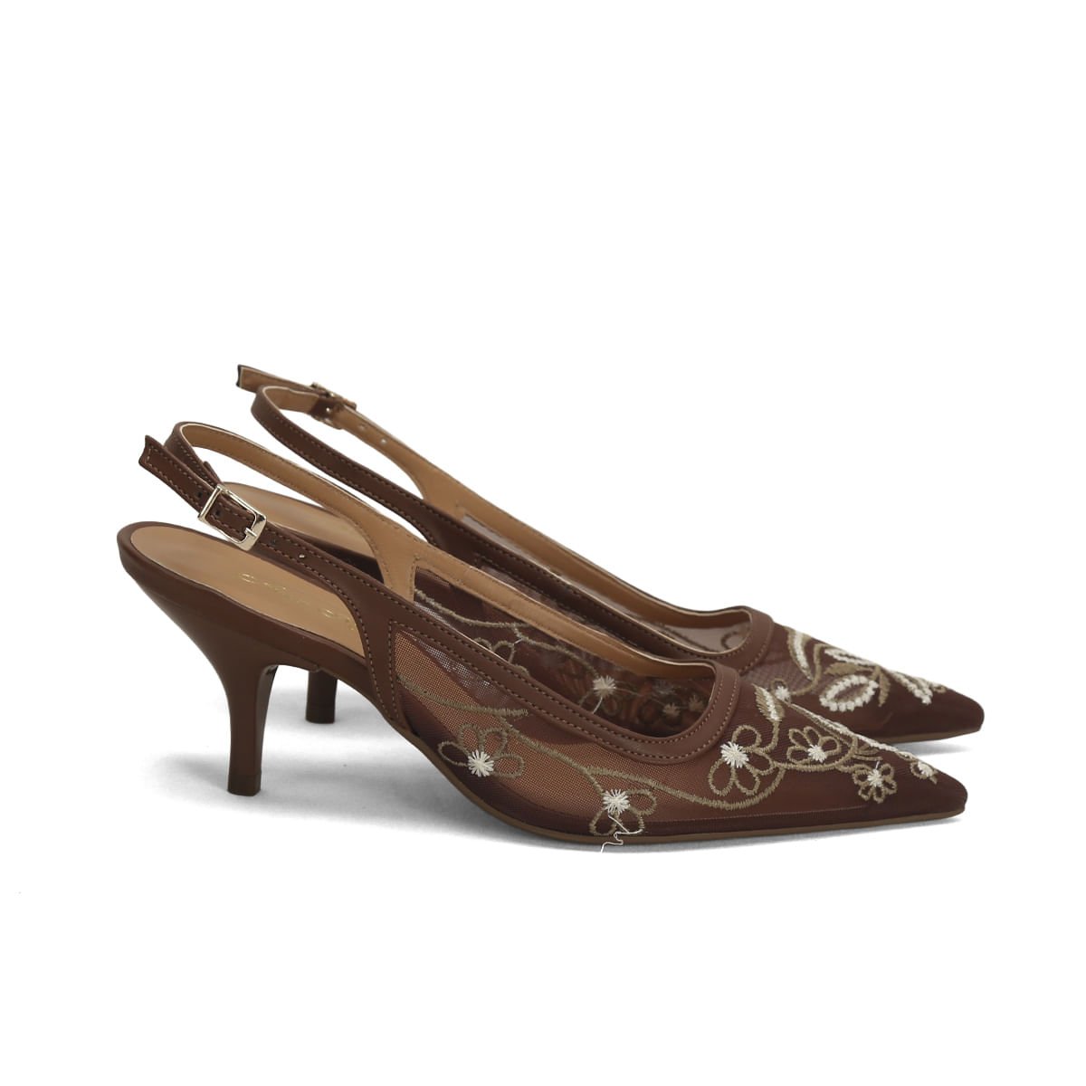 Scarpin Slingback Bordado Telha Café 8cm