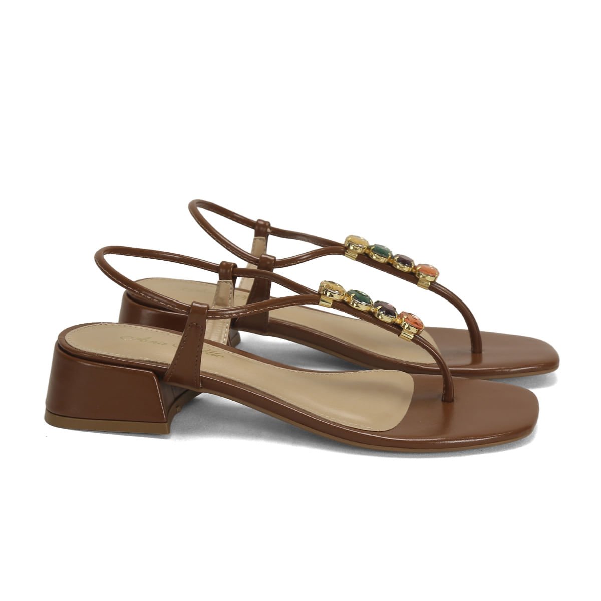 Sandália Salto Bloco Caramelo Pedrarias 4cm