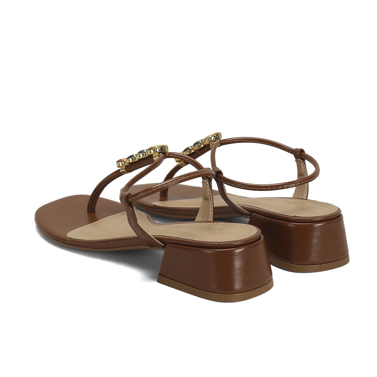 Sandália Salto Bloco Caramelo Pedrarias 4cm Marrom 3