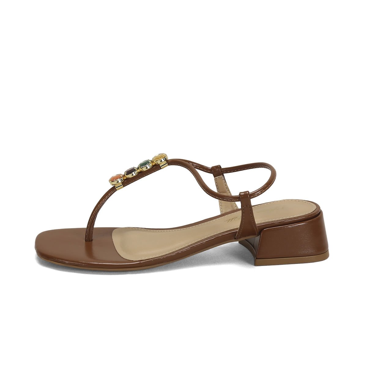 Sandália Salto Bloco Caramelo Pedrarias 4cm Marrom 4