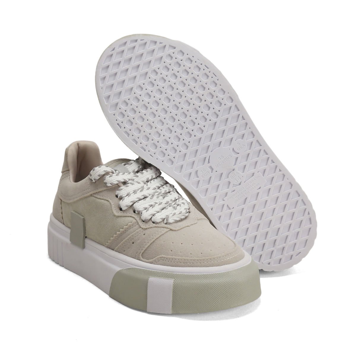 Tênis Camurça Cinza Cadarço Pesponto 4cm Bege 2