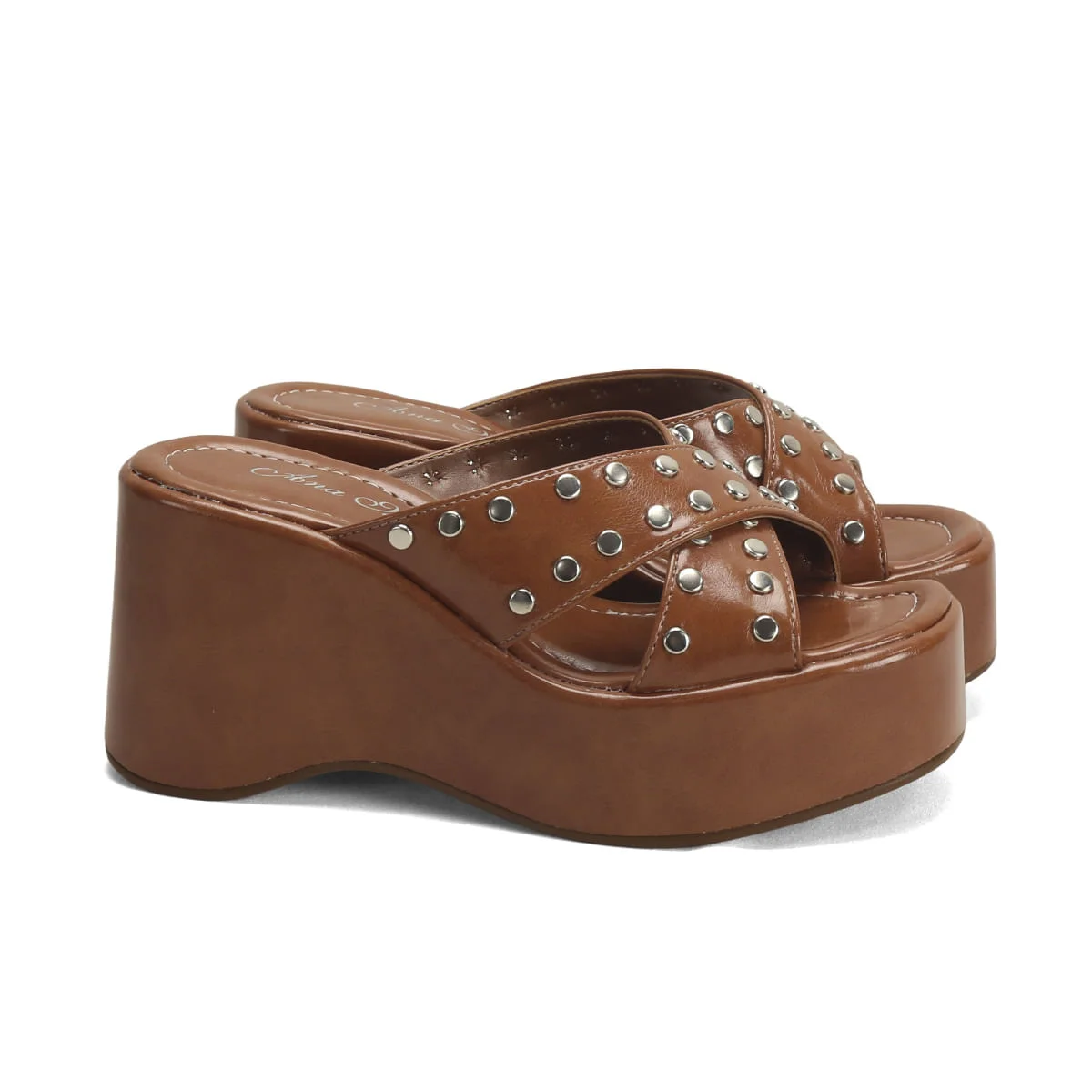 Tamanco Napa Caramelo Tiras Tachas Plataforma 8,5cm