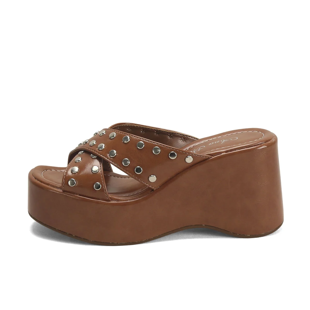 Tamanco Napa Caramelo Tiras Tachas Plataforma 8,5cm Marrom 4