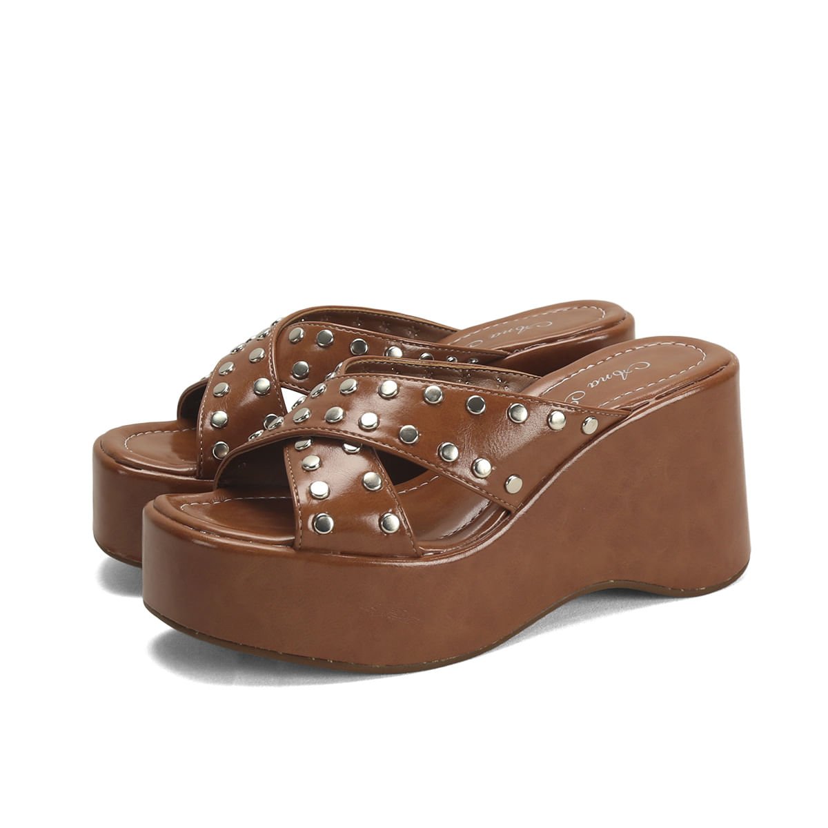 Tamanco Napa Caramelo Tiras Tachas Plataforma 8,5cm Marrom 2