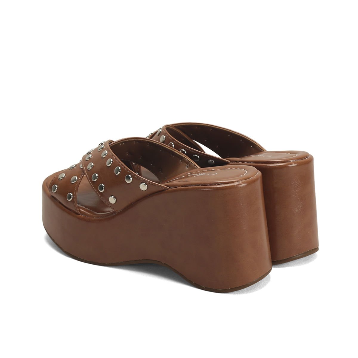 Tamanco Napa Caramelo Tiras Tachas Plataforma 8,5cm Marrom 3