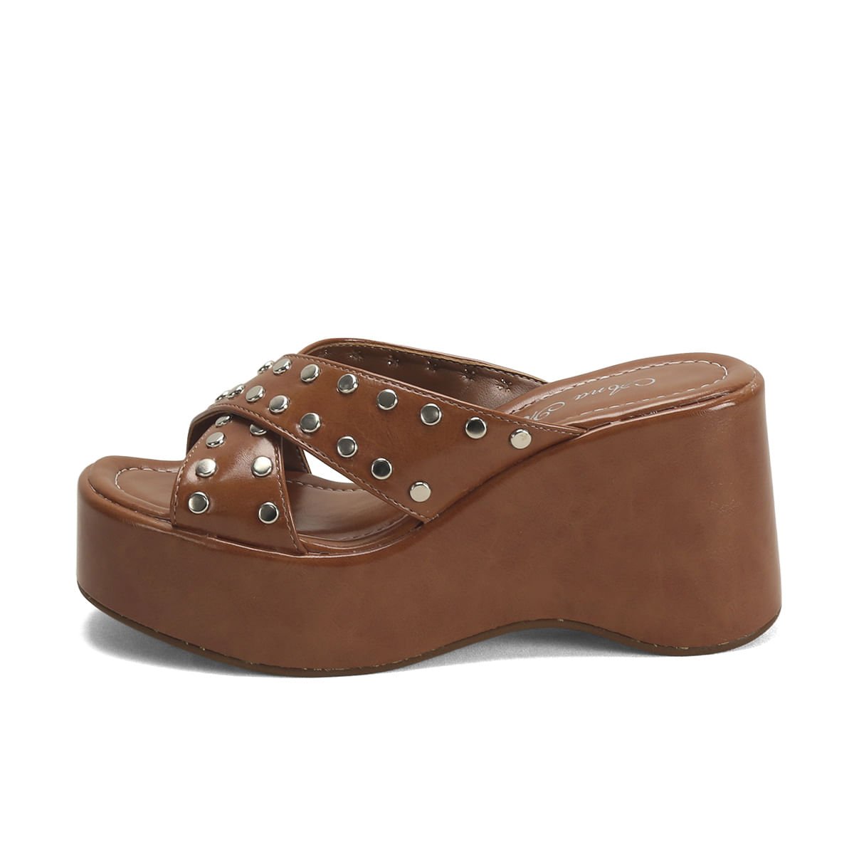 Tamanco Napa Caramelo Tiras Tachas Plataforma 8,5cm Marrom 4