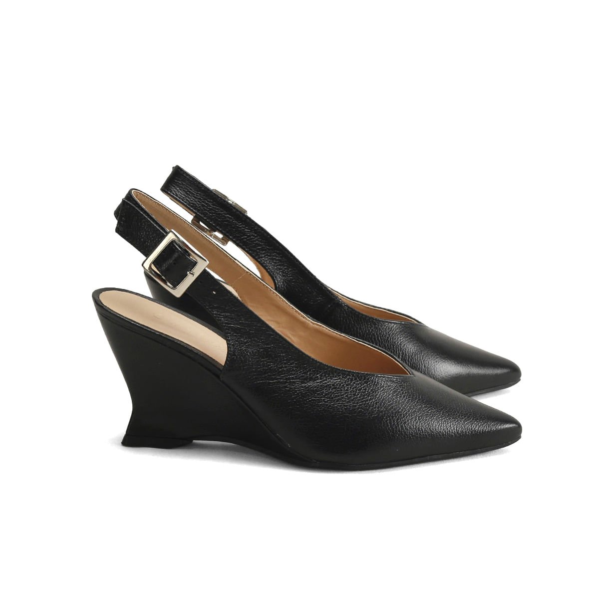 Scarpin Anabela de Couro Calcanhar Aberto Ana Mello