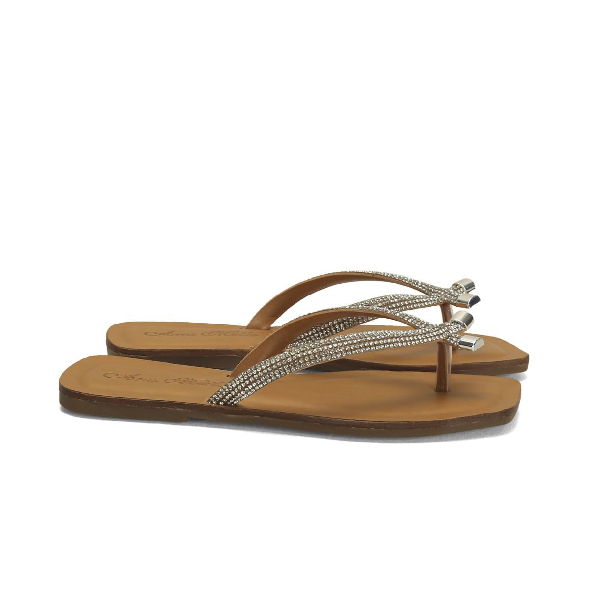 Rasteira Couro Caramelo Strass Cristal
