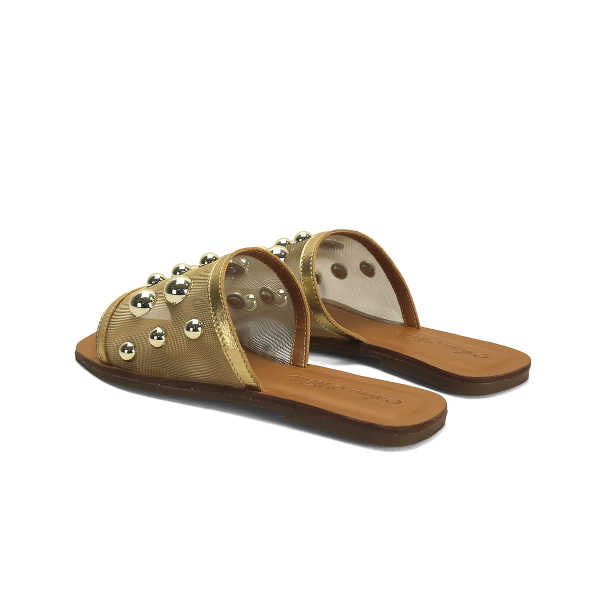 Rasteira couro caramelo com tela ouro light detalhe bolas Dourado 3