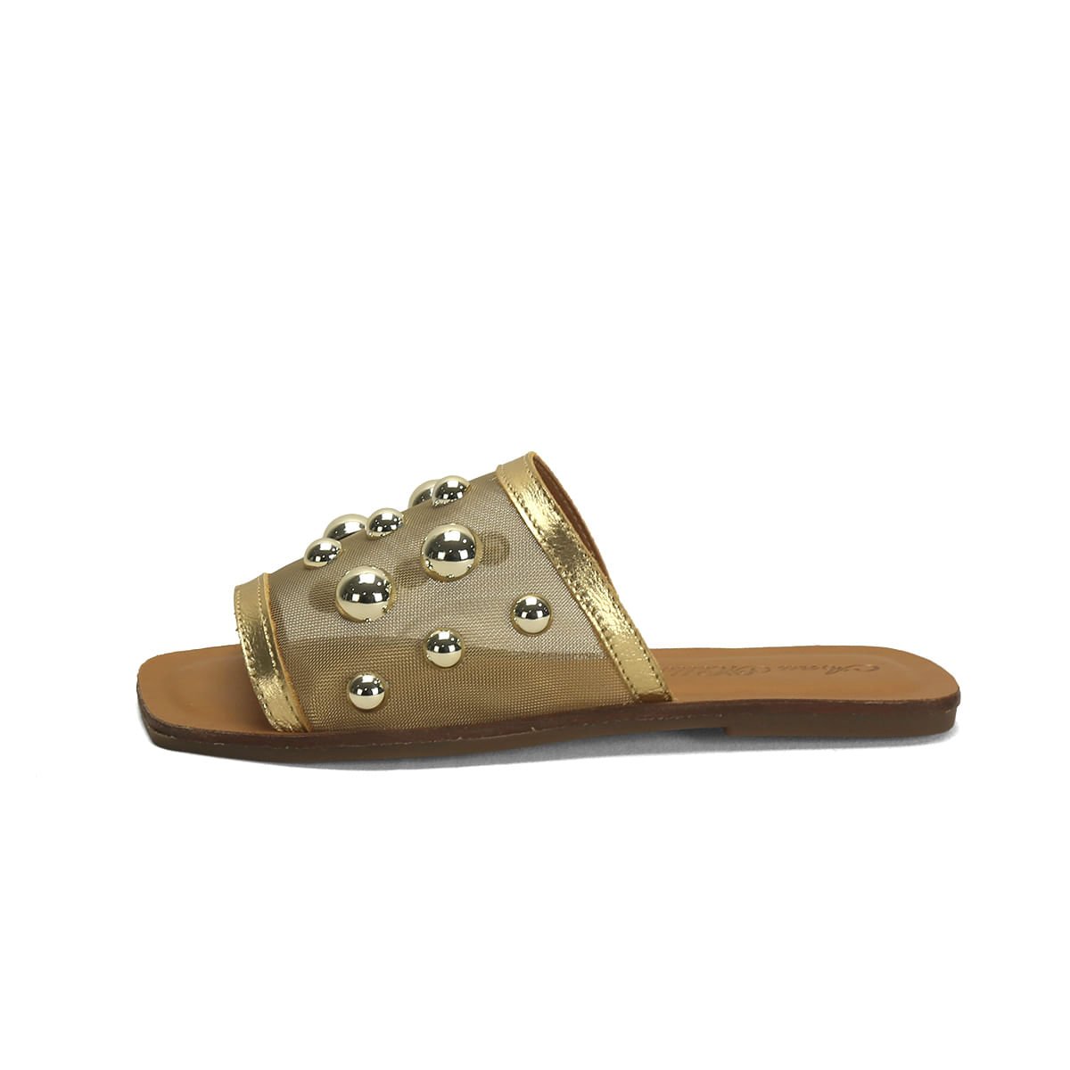 Rasteira couro caramelo com tela ouro light detalhe bolas Dourado 4