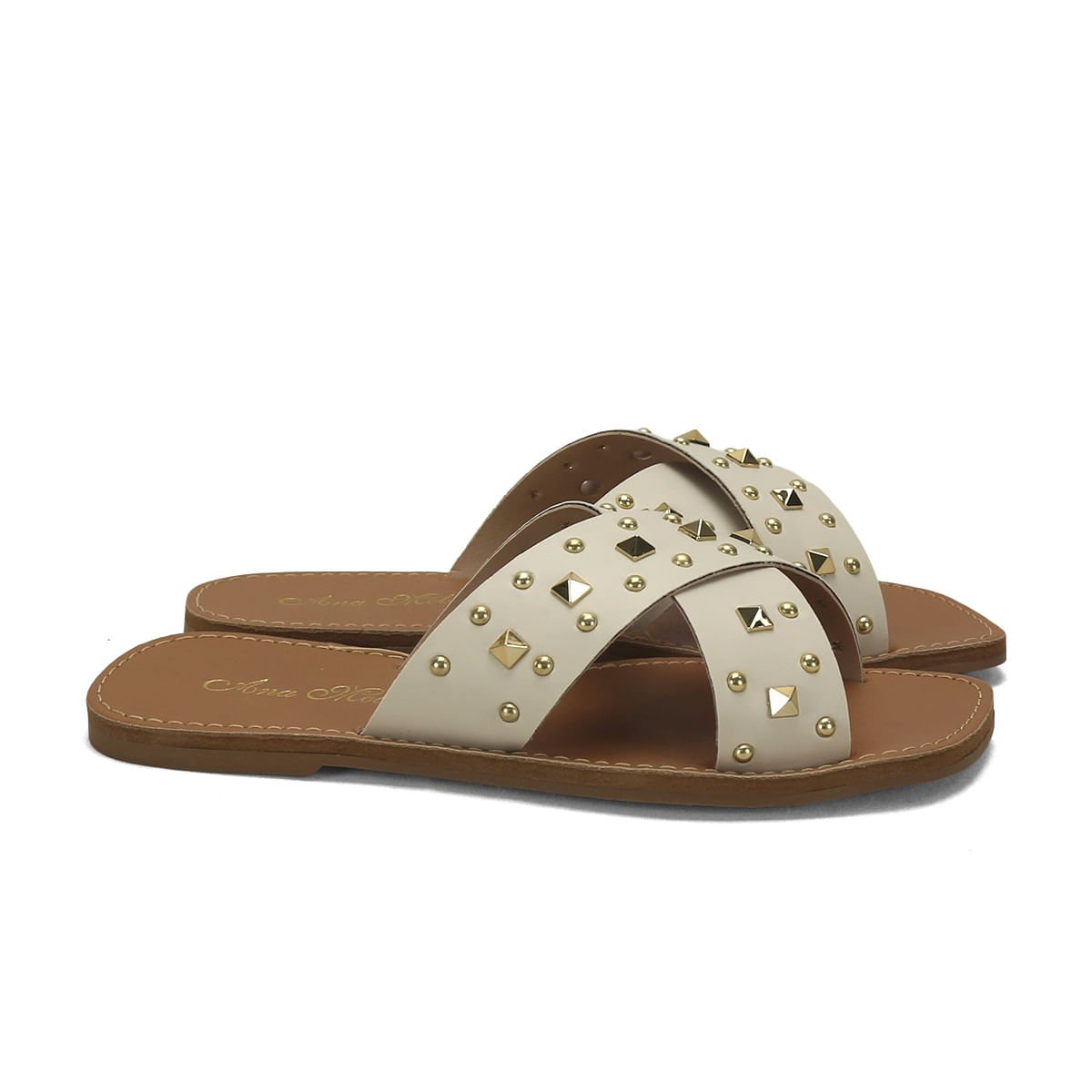 Rasteira em x com piramides off white