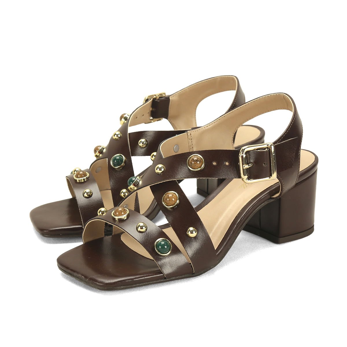 Sandália Salto Bloco Café Pedras Napa 6,5cm Marrom 2