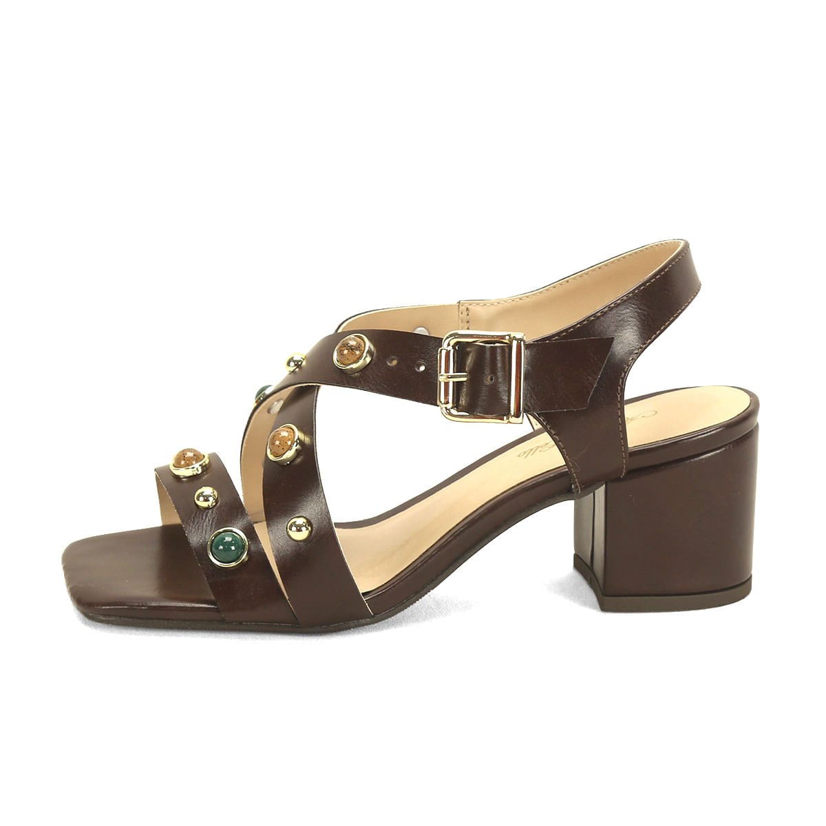 Sandália Salto Bloco Café Pedras Napa 6,5cm Marrom 4