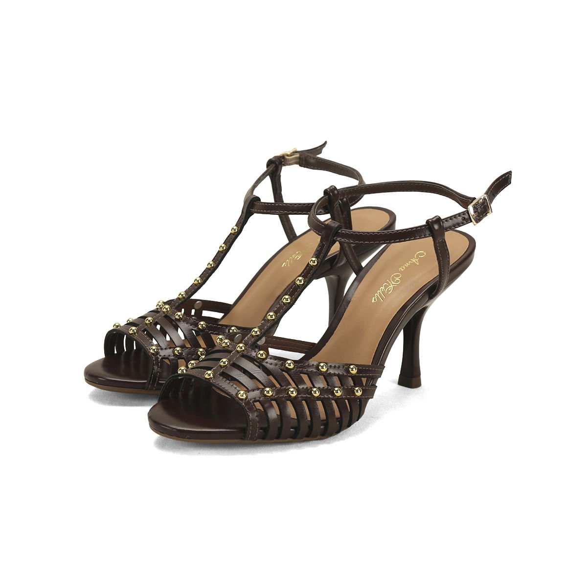 Sandália Napa Café Tachas Douradas Salto 9cm Marrom 2