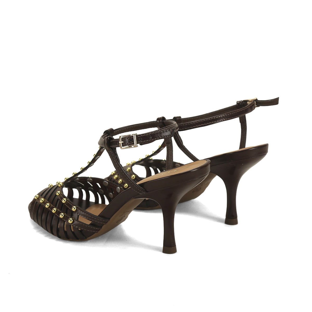 Sandália Napa Café Tachas Douradas Salto 9cm Marrom 3