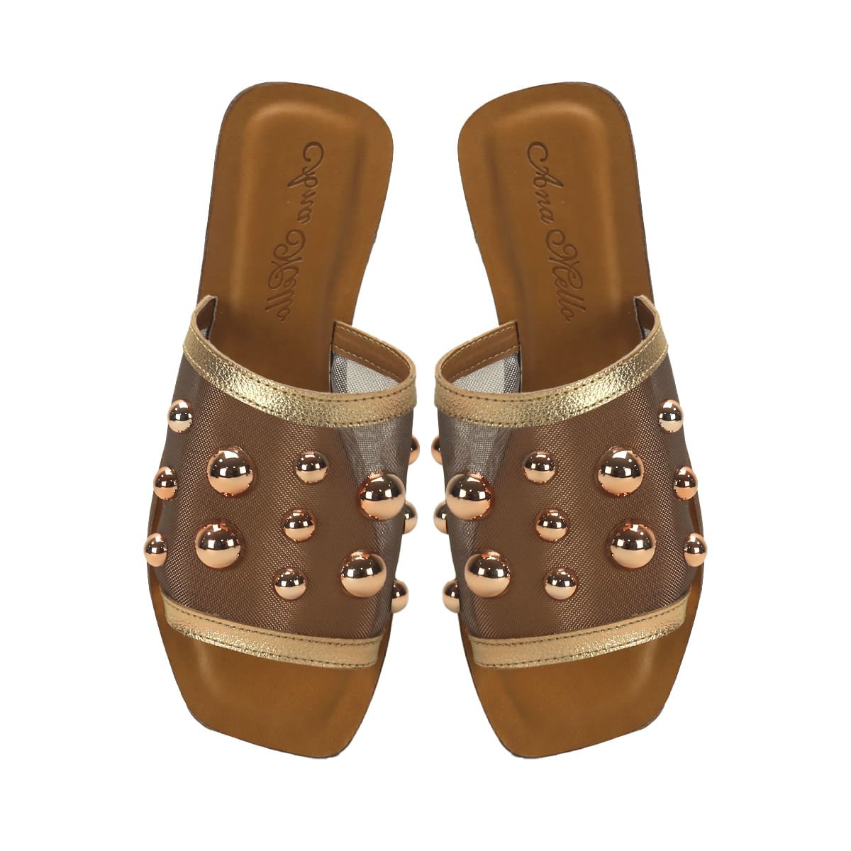 Rasteira couro caramelo com tela rosê detalhe bolas Marrom 2