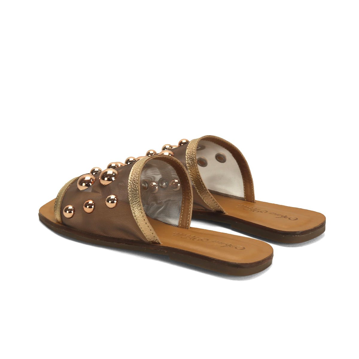 Rasteira couro caramelo com tela rosê detalhe bolas Marrom 3