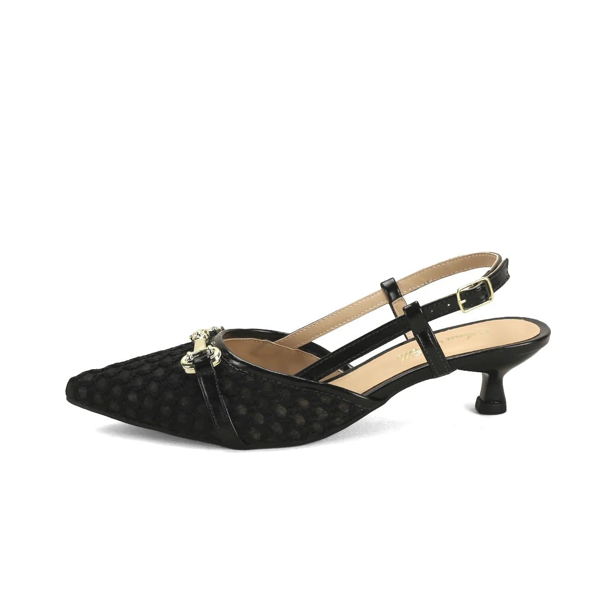 Scarpin slingback tramado preto com detalhe dourado Preto 4