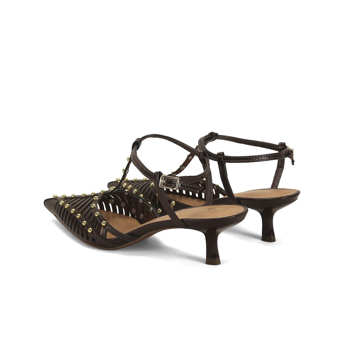 Scarpin café slingback com mini bolinhas douradas Marrom 3