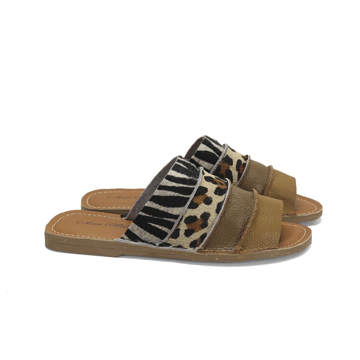 Slide em couro mix materiais animal print caramelo