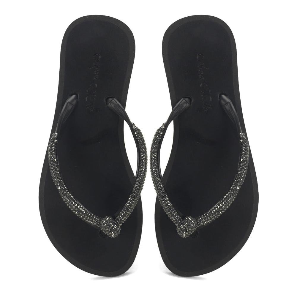 Chinelo de borracha com strass e nó preto Preto 2