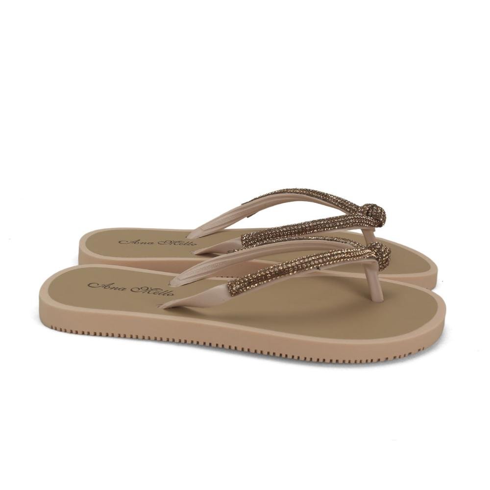 Chinelo de borracha com strass e nó nude Marrom 1